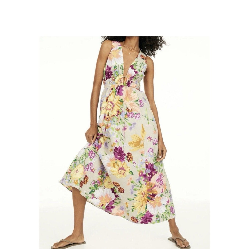 H&M Floral Summer Cotton Linen Maxi Dress Fully Lined Adjustable Long Sz Large